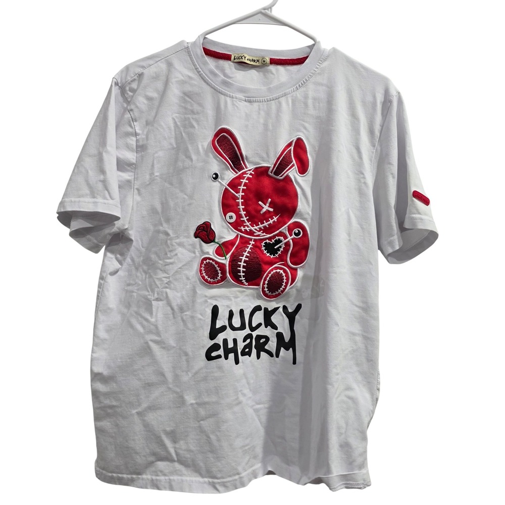 Lucky Charm White T-Shirt Red Voodoo Bunny Embroidered Patch Graphic Tee Mens M